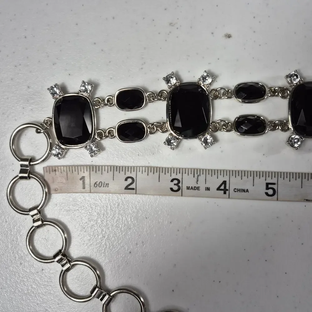 Black Faceted Gemstones Rhinestones Silver Tone Bling Metal Waist Belt 30